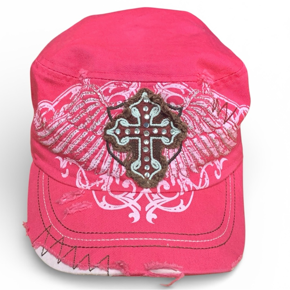 LEADER Original Vintage Woman’s Pink Distressed Cap Hat Rhinestone Cross Design
